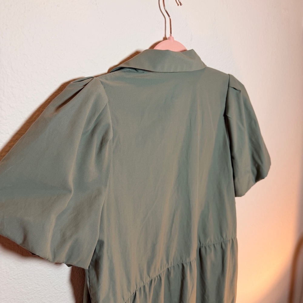 Brochu Walker Olive Green Wool Dress L Button Pockets Quiet Luxury Minimimalist - Picture 9 of 15